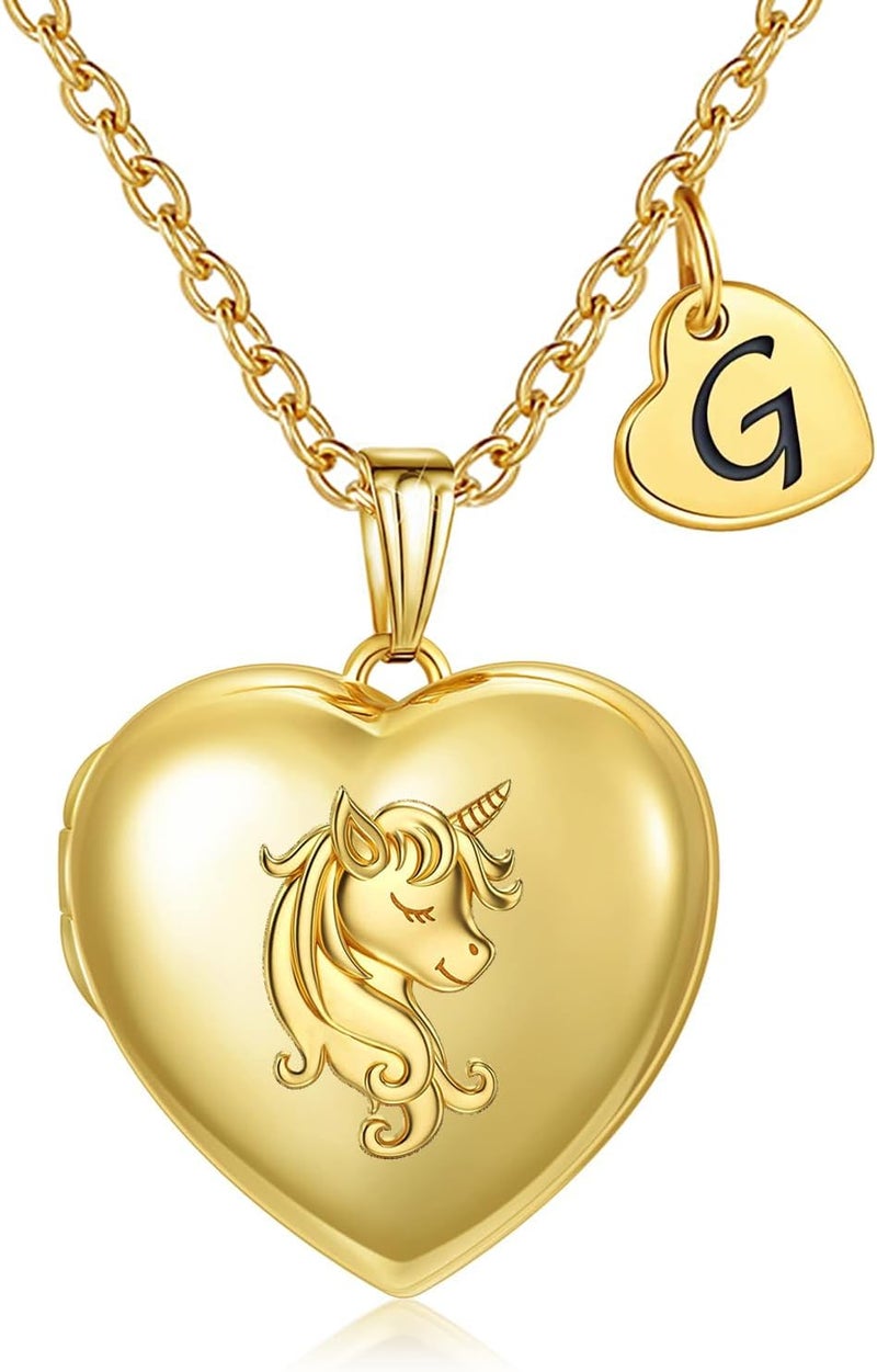 YOUFENG Heart Letter Unicorn Locket Necklace Initial Locket that Holds Pictures Locket Birthday Gifts - Image 1